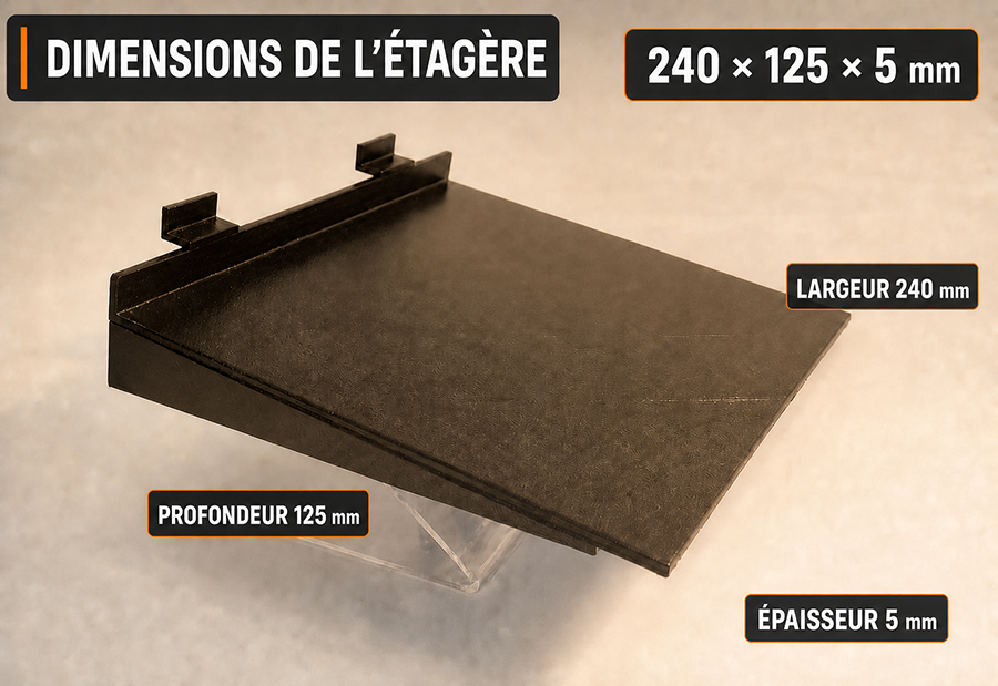 l’étagère compacte pour chaussures sur panneau rainuré, mesurant 240 mm de largeur, 125 mm de profondeur et 5 mm d’épaisseur